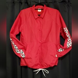 Vans Red Coach Jacket L Checkered Flame Off the Wall Graphic Skate Streetwear